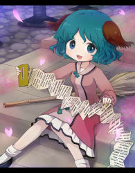 Rule 34 | 1girl, animal ears, bamboo broom, broom, dress, female focus, green eyes, green hair, highres, kasodani kyouko, matching hair/eyes, open mouth, outdoors, pamphlet, petals, short hair, sitting, sitting on stairs, smile, solo, stairs, tona (nekotte), touhou, wide face