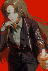 Rule 34 | 1girl, black jacket, black pants, blue eyes, brown hair, coin, collared shirt, highres, jacket, limbus company, lips, lobpoint 72, long sleeves, looking at viewer, pants, project moon, red background, rodion (project moon), shirt, simple background, smile, solo, white shirt