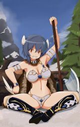 Rule 34 | 1girl, absurdres, armor, armpits, axe, barbarian, bikini, bikini armor, blue hair, blush, breasts, cow girl, cow horns, cow tail, grin, highres, horns, jashin-chan dropkick, large breasts, looking at viewer, minos (jashin-chan dropkick), navel, outdoors, red eyes, short hair, sky, smile, solo, spread legs, swimsuit, tail, tree