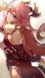 Rule 34 | 1girl, bare shoulders, breasts, from side, genshin impact, hair ornament, highres, japanese clothes, large breasts, long hair, looking at viewer, miko, okura shito, open mouth, pink hair, purple eyes, sideboob, smile, solo, yae miko