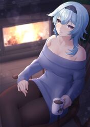 Rule 34 | 1girl, absurdres, bare shoulders, baron bunny (genshin impact), black hairband, black pantyhose, blue hair, blue sweater, breasts, chair, cleavage, commentary request, cup, eula (genshin impact), fire, fireplace, genshin impact, grin, hairband, highres, holding, holding cup, indoors, kirima (user danf8787), large breasts, long hair, long sleeves, looking at viewer, mug, off-shoulder sweater, off shoulder, pantyhose, sitting, smile, solo, sweater, thighs, yellow eyes