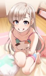 Rule 34 | 1girl, absurdres, bare legs, bare shoulders, barefoot, blue eyes, blush, braid, braided bangs, earrings, from above, grey hair, grin, highres, hisakawa hayate, holding, holding stuffed toy, idolmaster, idolmaster cinderella girls, indoors, jewelry, kakaobataa, long hair, looking at viewer, hugging object, shorts, smile, solo, squatting, stuffed animal, stuffed cat, stuffed toy, tank top, teeth, toes