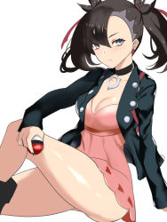 Rule 34 | 1girl, akire (akireru shoujo), aqua eyes, black hair, breasts, choker, cleavage, creatures (company), dress, earrings, expressionless, game freak, half-closed eyes, highres, jacket, jewelry, long sleeves, looking at viewer, marnie (pokemon), nail polish, nintendo, pink dress, poke ball, poke ball (basic), pokemon, pokemon swsh, short dress, short twintails, simple background, sitting, small breasts, solo, twintails, white background