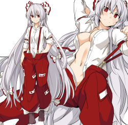 Rule 34 | 1girl, bow, breasts, cleavage, closed mouth, commentary request, fujiwara no mokou, grey hair, hair between eyes, hair bow, knee up, long hair, looking at viewer, lying, medium breasts, multiple views, navel, no bra, on back, open clothes, open fly, open pants, open shirt, pants, red bow, red eyes, red pants, shirt, shiseki hirame, simple background, sleeves rolled up, smile, spread legs, stomach, suspenders, touhou, two-tone bow, unbuttoned, very long hair, white background, white bow, white shirt