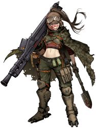 Rule 34 | 1girl, ammunition, armor, bandaid, bandaid on face, belt, belt pouch, blood, blood on face, breastplate, breasts, brown eyes, brown gloves, brown hair, brown legwear, camouflage cloak, cloak, dairoku ryouhei, explosive, fingerless gloves, full body, gloves, goggles, goggles on head, green cloak, green pants, grenade, gun, handgun, hetza (hellshock), holding, holding weapon, leg armor, long hair, looking at viewer, medium breasts, midriff, navel, pants, pistol, ponytail, pouch, red shirt, shirt, shovel, smile, smoke grenade, solo, standing, tally, teeth, thigh belt, thigh strap, torn clothes, transparent background, weapon, window magazine