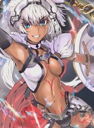 Rule 34 | 1girl, abs, animal ears, armor, bikini, black gloves, black thighhighs, blue eyes, body markings, breasts, caenis (fate), cape, cleavage, dark-skinned female, dark skin, elbow gloves, fate/grand order, fate (series), faulds, gloves, grin, hair intakes, headpiece, highleg, highleg bikini, highleg bikini bottom, long hair, looking at viewer, medium breasts, nari (nari149528), navel, polearm, red cape, shield, silver hair, smile, solo, spear, swimsuit, tattoo, thighhighs, waist cape, weapon
