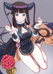 Rule 34 | 1girl, bare shoulders, black dress, black footwear, blue eyes, blunt bangs, blush, breasts, chalice, china dress, chinese clothes, cleavage, closed mouth, cup, detached sleeves, dress, eating, fate/grand order, fate (series), gradient background, grey background, hair ornament, high heels, highres, large breasts, leaf hair ornament, long hair, looking at viewer, lychee, purple hair, sidelocks, smile, solo, sparkling eyes, thighs, tuchinokoeffect, twintails, very long hair, yang guifei (fate), yang guifei (second ascension) (fate)