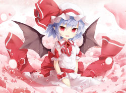 Rule 34 | 1girl, ascot, bad id, bad pixiv id, bat wings, blue hair, bubble, dress, fang, hat, looking at viewer, nanahan, open mouth, red eyes, remilia scarlet, short hair, slit pupils, smile, solo, touhou, wings, wrist cuffs
