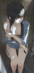 1girl absurdres black_bra black_eyes black_hair bra breasts cellphone closed_mouth highres holding holding_phone kji_(rozo) long_hair looking_at_viewer original phone sitting skirt small_breasts solo toilet underwear unworn_skirt