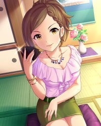 Rule 34 | 10s, 1girl, artist request, belt, braid, breasts, brown eyes, brown hair, card, cleavage, green skirt, hanafuda, holding, holding card, hyodo rena, idolmaster, idolmaster cinderella girls, jewelry, nail polish, necklace, official art, ponytail, short hair, skirt, solo, sparkle