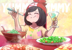 Rule 34 | black hair, blush, bowl, closed eyes, closed mouth, creatures (company), cup, drinking glass, eating, food, food in mouth, food request, game freak, hat, holding, holding cup, holding spoon, kotobukkii (yt lvlv), nintendo, plate, pokemon, pokemon sm, red hat, salad, selene (pokemon), shirt, short hair, spoon