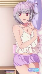 Rule 34 | 1girl, absurdres, bedroom, breasts, camisole, cowboy shot, game cg, gridman universe, highres, indoors, looking at viewer, lying, medium breasts, official art, on bed, on side, pink hair, pink shorts, red eyes, shinjou akane, short hair, shorts, solo, ssss.gridman