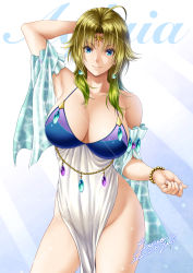 Rule 34 | 1girl, aglaea (lioreo), ahoge, arm behind head, arms up, artist name, bare shoulders, blonde hair, blue eyes, bracelet, breasts, closed mouth, commentary request, dated, detached sleeves, dress, earrings, forehead jewel, gem, gradient hair, green hair, hair over shoulder, halter dress, halterneck, heart, jewelry, lioreo, long hair, looking at viewer, multicolored hair, original, parted bangs, pelvic curtain, signature, smile, solo, standing, white dress