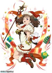 Rule 34 | 10s, 1girl, blush, boots, box, breasts, brown hair, christmas, christmas tree, cleavage, diane (nanatsu no taizai), full body, fur-trimmed boots, fur trim, gift, gift box, gloves, hat, king (nanatsu no taizai), long hair, looking at viewer, nanatsu no taizai, purple eyes, red footwear, santa hat, solo, twintails