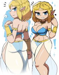 Rule 34 | !, 1girl, absurdres, armlet, ass, bikini, blonde hair, blue bikini, blue eyes, blush, bracelet, braid, breasts, cleavage, collarbone, crown braid, earrings, grin, heart, highres, jewelry, large breasts, looking at viewer, looking back, multiple views, navel, necklace, nintendo, pointy ears, princess zelda, see-through, see-through skirt, short hair, side slit, skirt, smile, sparkle, speech bubble, spoken heart, standing, swimsuit, teeth, the legend of zelda, the legend of zelda: breath of the wild, the legend of zelda: tears of the kingdom, thick thighs, thighs, tony welt, white background, wide hips