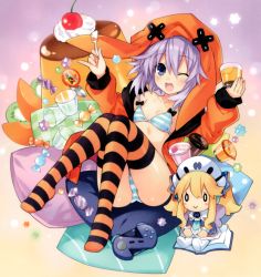 Rule 34 | 0 0, 10s, 1girl, :&gt;, ;d, absurdres, animal hood, blonde hair, blush stickers, book, bow, bow bra, bra, candy, cherry, chibi, controller, cup, d-pad, dress, drinking glass, eating, female focus, food, fruit, full body, game controller, gradient background, hair between eyes, hair ornament, hat, highres, histoire, holding, holding cup, holding spoon, hood, hoodie, kiwi (fruit), knees together feet apart, long sleeves, melon, necktie, neptune (neptunia), neptune (series), no pants, no shoes, official art, one eye closed, open book, open clothes, open hoodie, open mouth, panties, pantyshot, pillow, pinky out, pudding, purple eyes, purple hair, short hair, sidelocks, sitting, size difference, smile, solo, spoon, strap slip, striped bra, striped clothes, striped legwear, striped panties, striped thighhighs, sweets, thighhighs, tsunako, underwear, utensil in mouth, whipped cream, wings