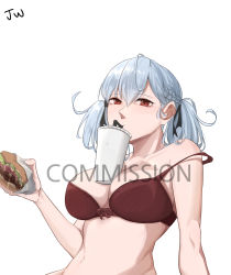 Rule 34 | 1girl, absurdres, alternate costume, artist name, bare shoulders, black ribbon, blue hair, bra, bra strap, braid, breasts, burger, cleavage, closed mouth, commission, eating, food, girls&#039; frontline, hair ribbon, highres, holding, holding food, jw (wrdawrda), large breasts, light blue hair, light blush, long hair, looking at viewer, mouth hold, navel, red bra, red eyes, ribbon, side braid, solo, spas-12 (girls&#039; frontline), twintails, underwear, upper body, white background