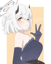 Rule 34 | 1girl, bare shoulders, black dress, black gloves, black horns, blue archive, braid, breasts, dress, elbow gloves, gloves, halo, highres, horns, large breasts, looking at viewer, one eye closed, parted lips, plasbott, sena (blue archive), short hair, solo, two-tone background, upper body, w, white background, white hair, yellow eyes