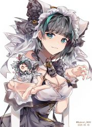 Rule 34 | 1girl, 2020, ^ ^, animal ears, apron, aqua eyes, aqua hair, artist name, azur lane, blue hair, breasts, cheshire (azur lane), chibi, cleavage, closed eyes, detached collar, detached sleeves, dress, fake animal ears, fang, frilled hairband, frilled headband, frilled ribbon, frills, hairband, heart, highres, large breasts, long ribbon, maid, maid headdress, medium hair, multicolored hair, nyaruin, puffy detached sleeves, puffy sleeves, purple apron, ribbon, simple background, skin fang, solo, streaked hair, white background, white dress, white legwear, wrist cuffs