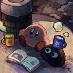 Rule 34 | :&gt;, blue eyes, blush stickers, book, chimney, cup, gooey (kirby), highres, kirby, kirby&#039;s dream land 3, kirby (series), mug, nintendo, picture book, smile, steam, wuu211211