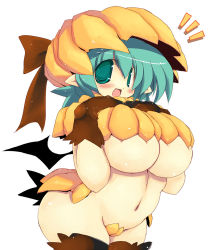 Rule 34 | 1girl, bat wings, blush, breasts, crotch plate, food-themed clothes, gloves, green eyes, green hair, halloween, hat, huge breasts, matching hair/eyes, navel, open mouth, original, pointy ears, pumpkin, revealing clothes, sakaki (noi-gren), short hair, simple background, skindentation, solo, thighhighs, underboob, white background, wings