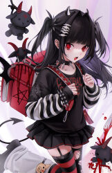 Rule 34 | 1girl, backpack, bag, barbell piercing, black choker, black dress, black hair, black shirt, choker, demon girl, demon tail, demon wings, dress, ear piercing, garter straps, hair ornament, highres, horns, industrial piercing, long hair, long sleeves, looking at viewer, loose socks, ompf, open mouth, original, piercing, randoseru, red bag, red eyes, shirt, short twintails, simple background, socks, solo, striped clothes, striped thighhighs, stuffed toy, tail, thighhighs, torn clothes, torn thighhighs, twintails, white background, wings