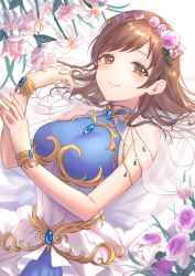 1girl anoa bare_shoulders blue_dress blush bracelet breasts brown_eyes brown_hair chain closed_mouth dress flower head_wreath highres idolmaster idolmaster_cinderella_girls jewelry long_hair looking_at_viewer medium_breasts nitta_minami smile solo swept_bangs