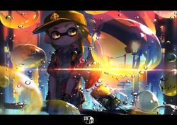 Rule 34 | 1girl, backlighting, bad id, bad pixiv id, bubble, collared shirt, diffraction spikes, hat, highres, inkling, inkling girl, inkling player character, kashu (hizake), letterboxed, nintendo, outdoors, shirt, solo, splatoon (series), standing, twilight, yellow hat