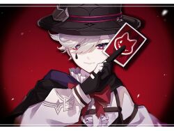 Rule 34 | 1boy, black capelet, black gloves, black hat, bow, bowtie, capelet, card, center frills, closed mouth, commentary request, detached sleeves, ego (ego inp), eyelashes, facial mark, frilled shirt, frills, genshin impact, gloves, grey hair, hair between eyes, hair over one eye, hand up, hat, highres, holding, holding card, letterboxed, long sleeves, looking at viewer, lyney (genshin impact), male focus, parted bangs, playing card, purple eyes, red background, red bow, red bowtie, shirt, short hair, simple background, sleeveless, sleeveless shirt, smile, solo, swept bangs, teardrop facial mark, top hat, two-tone gloves, upper body, white gloves, white shirt, white sleeves