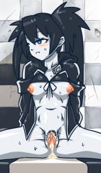 Rule 34 | 10s, 1girl, black hair, black rock shooter, black rock shooter (character), blue eyes, cum, cum in pussy, feet out of frame, female pubic hair, knees out of frame, navel, nipples, nude, pubic hair, pussy, shiny skin, solo, spread legs, takane (lovehatsune), twintails, uncensored