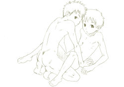 Rule 34 | 2boys, male focus, monochrome, multiple boys, nude, outline, spread legs, surprised, tsukumo gou, yaoi