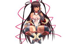 Rule 34 | 1girl, 3d, adapted costume, armpits, artist request, ass, bare shoulders, boots, breasts, brown hair, cameltoe, cleft of venus, covered erect nipples, dark-skinned female, dark skin, fellatio gesture, full body, highleg, highleg leotard, highres, leotard, long hair, mizuki yukikaze, naughty face, one-piece tan, open mouth, purple eyes, small breasts, smile, solo, squatting, taimanin (series), taimanin yukikaze, tan, tanline, thong leotard, tongue, tongue out, twintails, very long hair
