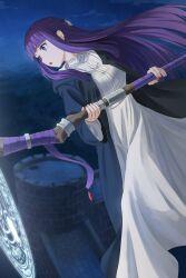 Rule 34 | 1girl, black robe, blunt bangs, castle, commentary, dress, fern (sousou no frieren), floating, from side, highres, holding, holding staff, kamo ashi, long dress, long hair, looking afar, looking to the side, magic circle, midair, night, night sky, open mouth, outdoors, purple eyes, purple hair, robe, sky, solo, sousou no frieren, staff, white dress