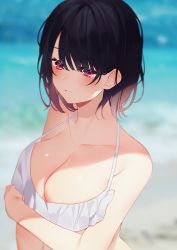 Rule 34 | 1girl, achiki, bare shoulders, bikini, black hair, blurry, blurry background, breasts, cleavage, collarbone, depth of field, halterneck, large breasts, open mouth, original, red eyes, short hair, solo, strap gap, swimsuit, upper body, white bikini