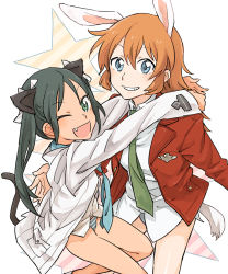 Rule 34 | 2girls, animal ears, black hair, blue eyes, breasts, cat ears, cat tail, charlotte e. yeager, face, fang, francesca lucchini, green eyes, grin, hand on back, hands on shoulders, long hair, medium breasts, military, military uniform, multiple girls, one eye closed, open mouth, orange hair, panties, pe88y (yu tsugirls), rabbit ears, rabbit girl, smile, star (symbol), strike witches, striped clothes, striped panties, tail, teeth, twintails, underwear, uniform, wink, world witches series, yuri