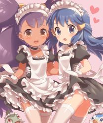 Rule 34 | 2girls, alternate costume, axew, big hair, blue eyes, blue hair, blush, clothes lift, creatures (company), dawn (pokemon), dress, dress lift, enmaided, eyelashes, female focus, game freak, gen 4 pokemon, gen 5 pokemon, gloves, heart, highres, iris (pokemon), lifted by self, long hair, looking at viewer, looking up, maid, maid headdress, multiple girls, nintendo, open mouth, pink background, piplup, pokemon, pokemon (anime), pokemon (creature), pokemon bw, pokemon bw (anime), pokemon dppt, pokemon dppt (anime), porocha, puffy short sleeves, puffy sleeves, purple hair, short sleeves, thighhighs, white gloves, white legwear