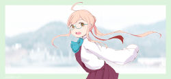 Rule 34 | 1girl, aqua-framed eyewear, commentary request, double bun, glasses, halterneck, highres, jikkou-san (zikko san), kantai collection, long hair, long sleeves, looking at viewer, makigumo (kancolle), mountain, open mouth, outdoors, pink hair, round teeth, school uniform, shirt, sleeves past fingers, sleeves past wrists, solo, teeth, twintails, upper teeth only, white shirt, yellow eyes