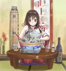 Rule 34 | 10s, 6+girls, abyssal fairy (kancolle), akagi (kancolle), alcohol, brown hair, chopsticks, cooking, fairy (kancolle), fire, fire, japanese clothes, kantai collection, long hair, multiple girls, muneate, nabe, rice, rice bowl, room (room443), table, tasuki