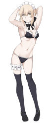 Rule 34 | 1girl, artoria pendragon (alter swimsuit rider) (fate), artoria pendragon (alter swimsuit rider) (second ascension) (fate), artoria pendragon (fate), bikini, black bikini, black footwear, black thighhighs, blonde hair, braid, breasts, bridal garter, cleavage, commentary request, fate (series), frills, full body, hands in hair, looking at viewer, maid, maid bikini, maid headdress, medium breasts, navel, shiseki hirame, short hair, simple background, solo, split mouth, standing, swimsuit, thighhighs, unconventional maid, white background, yellow eyes
