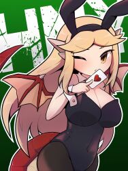 Rule 34 | 1girl, animal ears, bare arms, black leotard, black pantyhose, blonde hair, blush, breasts, brown eyes, bunny day, card, cleavage, commentary request, cowboy shot, detached collar, dragon girl, dragon horns, dragon tail, dragon wings, dragonewt (monmusu gladiator), fake animal ears, gradient background, green background, heart, highres, holding, holding card, horns, large breasts, leotard, long hair, looking at viewer, minato aoi, monmusu gladiator, one eye closed, outline, pantyhose, parted lips, playboy bunny, pointy ears, rabbit ears, red tail, red wings, simple background, solo, tail, white outline, wings, wrist cuffs