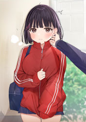 Rule 34 | 1girl, 1other, ^^^, absurdres, bag, black hair, blurry, blurry background, blush, breasts, brown eyes, bush, cowboy shot, hair ornament, hairclip, hand up, highres, jacket, large breasts, long sleeves, looking at viewer, original, red jacket, school uniform, short hair, shoulder bag, solo focus, uiri-na, wavy mouth