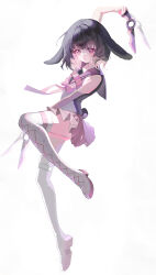 Rule 34 | 1girl, absurdres, animal ears, bare shoulders, black hair, black shirt, boots, bow, brown skirt, cross-laced footwear, doubutsunoujyou, full body, grey background, highres, holding, holding weapon, lace-up boots, looking at viewer, multicolored hair, original, parted lips, pink bow, pink hair, pleated skirt, purple eyes, purple sailor collar, rabbit ears, rabbit girl, rabbit tail, sailor collar, shirt, skirt, sleeveless, sleeveless shirt, solo, tail, thigh boots, two-tone hair, weapon, weapon request, white footwear