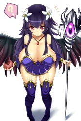 Rule 34 | 1girl, ?, bare shoulders, black hair, black wings, boots, breasts, cleavage, detached sleeves, female focus, flower, hair ornament, high heels, highres, huge breasts, jewelry, miniskirt, necklace, orb, persephone (p&amp;d), puzzle &amp; dragons, red eyes, retukaiou, simple background, skirt, solo, staff, thighhighs, white background, wings