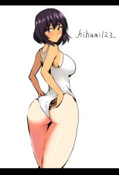 Rule 34 | 1girl, adjusting clothes, adjusting swimsuit, artist name, ass, black hair, breasts, from behind, girls und panzer, hifumi hajime, highres, hoshino (girls und panzer), looking back, one-piece swimsuit, pulled by self, short hair, solo, swimsuit, wedgie, white background