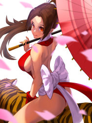 Rule 34 | absurdres, ass, breasts, fatal fury, highres, large breasts, ponytail, shaded face, shiranui mai, simple background, solo, thighhighs, tiger, white background