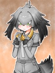 Rule 34 | 10s, 1girl, belt, bird tail, black gloves, blonde hair, blush, bodystocking, breast pocket, fingerless gloves, frown, gloves, green eyes, grey hair, grey shirt, grey shorts, hair between eyes, twirling hair, hands up, head wings, highres, kemono friends, looking down, low ponytail, multicolored hair, necktie, outline, playing with own hair, pocket, shirt, shizuraku, shoebill (kemono friends), short sleeves, shorts, side ponytail, solo, tail, tears, trembling, twitter username, white outline, wings