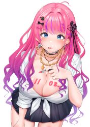 Rule 34 | 1girl, :p, absurdres, ahoge, black bow, black ribbon, black skirt, body writing, bow, braid, breasts, cleavage, collared shirt, cosmetics, dated, dress shirt, ear piercing, earrings, french braid, gradient hair, gyaru, hair bow, hair ribbon, highres, holding, holding lipstick tube, industrial piercing, ishi no shita, jewelry, kuramochi meruto, kuramochi meruto (school uniform), large breasts, leaning forward, lipstick tube, long hair, long sleeves, looking at viewer, miniskirt, multicolored hair, multiple necklaces, necklace, nijisanji, official alternate hairstyle, piercing, pink bow, pink hair, pleated skirt, purple hair, ribbon, school uniform, shirt, simple background, skirt, sleeves pushed up, solo, tied shirt, tongue, tongue out, very long hair, virtual youtuber, wavy hair, white background, white shirt, wide-eyed