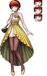 Rule 34 | 1girl, :d, arm at side, artist request, bare shoulders, blunt bangs, breasts, brown eyes, brown pantyhose, camera, clenched hand, closed mouth, collarbone, commentary, corsage, danganronpa (series), danganronpa 2: goodbye despair, dress, earrings, english commentary, expressions, falling, flower, formal, full body, hairband, halterneck, hand on own chest, hand up, high heels, jewelry, koizumi mahiru, looking at viewer, medium breasts, official art, open mouth, oshiro project:re, oshiro project:re, pantyhose, pleated dress, red hair, ringed eyes, shoes, short hair, simple background, sleeveless, sleeveless dress, smile, solo, standing, strap, tachi-e, third-party source, transparent background, two-tone dress, two-tone footwear, very short hair, white dress, white flower, white footwear, yellow dress, yellow footwear, yellow hairband