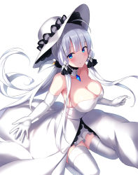 Rule 34 | 1girl, azur lane, bad id, bad pixiv id, bare shoulders, blue eyes, blunt bangs, breasts, choker, cleavage, cocona (coconacafe), collarbone, dress, elbow gloves, female focus, from above, full body, garter straps, gloves, half-closed eyes, hat, highres, illustrious (azur lane), kneeling, large breasts, long hair, long skirt, long twintails, looking at viewer, mole, mole under eye, simple background, sitting, skirt, solo, thighhighs, twintails, very long hair, white background, white gloves, white hair, white hat, white thighhighs