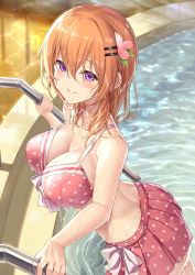 Rule 34 | 1girl, aged up, alternate breast size, arched back, back, bare arms, bare shoulders, bikini, bikini skirt, blush, bow, breasts, cherry blossoms, cleavage, collarbone, commentary request, cowboy shot, from side, gochuumon wa usagi desu ka?, hair between eyes, hair ornament, hairclip, highres, hoto cocoa, ks (xephyrks), large breasts, long hair, looking at viewer, looking to the side, orange hair, parted lips, pink bikini, polka dot, polka dot bikini, polka dot skirt, pool, pool ladder, poolside, purple eyes, ribbon-trimmed bikini, skirt, smile, solo, strap gap, swimsuit, wading, water, wet, wet hair, white bow